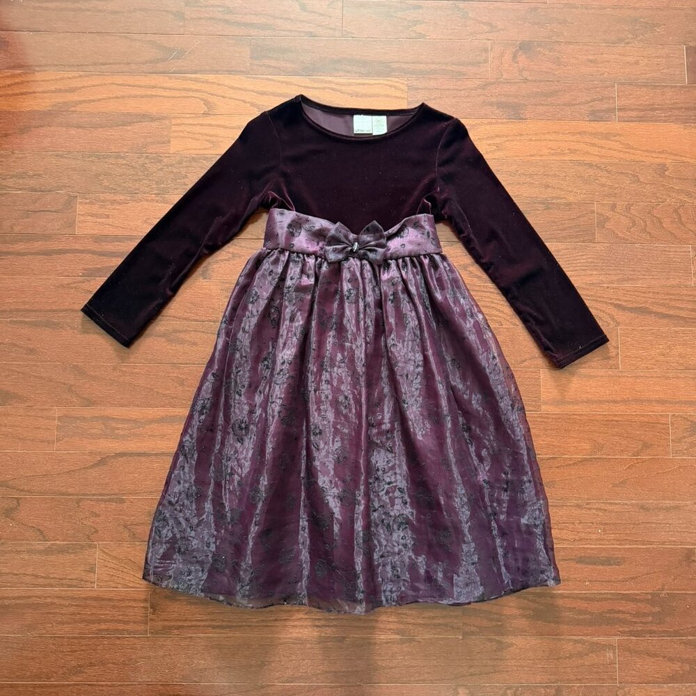Kids Rich Velvet & Tulle Formal Dress | Bow and Long Sleeves
